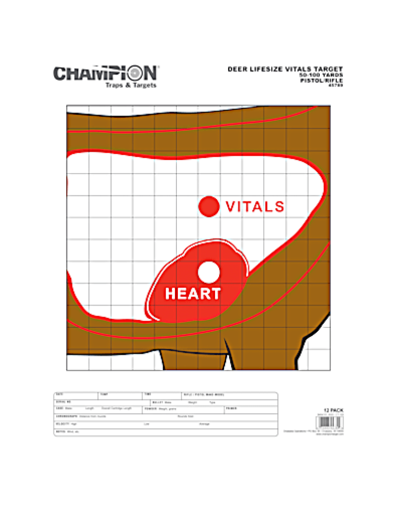CHAMPION CHAMPION DEER LIFESIZE VITALS TARGET 50-100 YDS PISTOL/RIFLE 12 PK