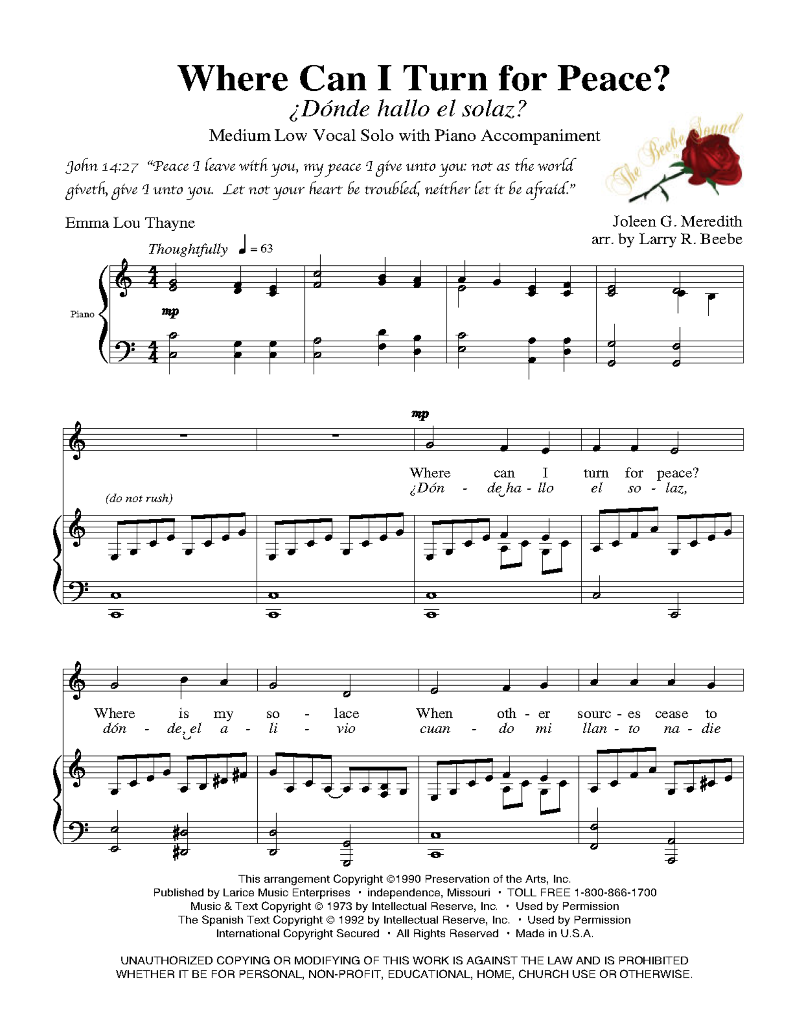 Larice Music Sing a Song of Joy for Medium Low Voice Volume 1 arr. Larry Beebe