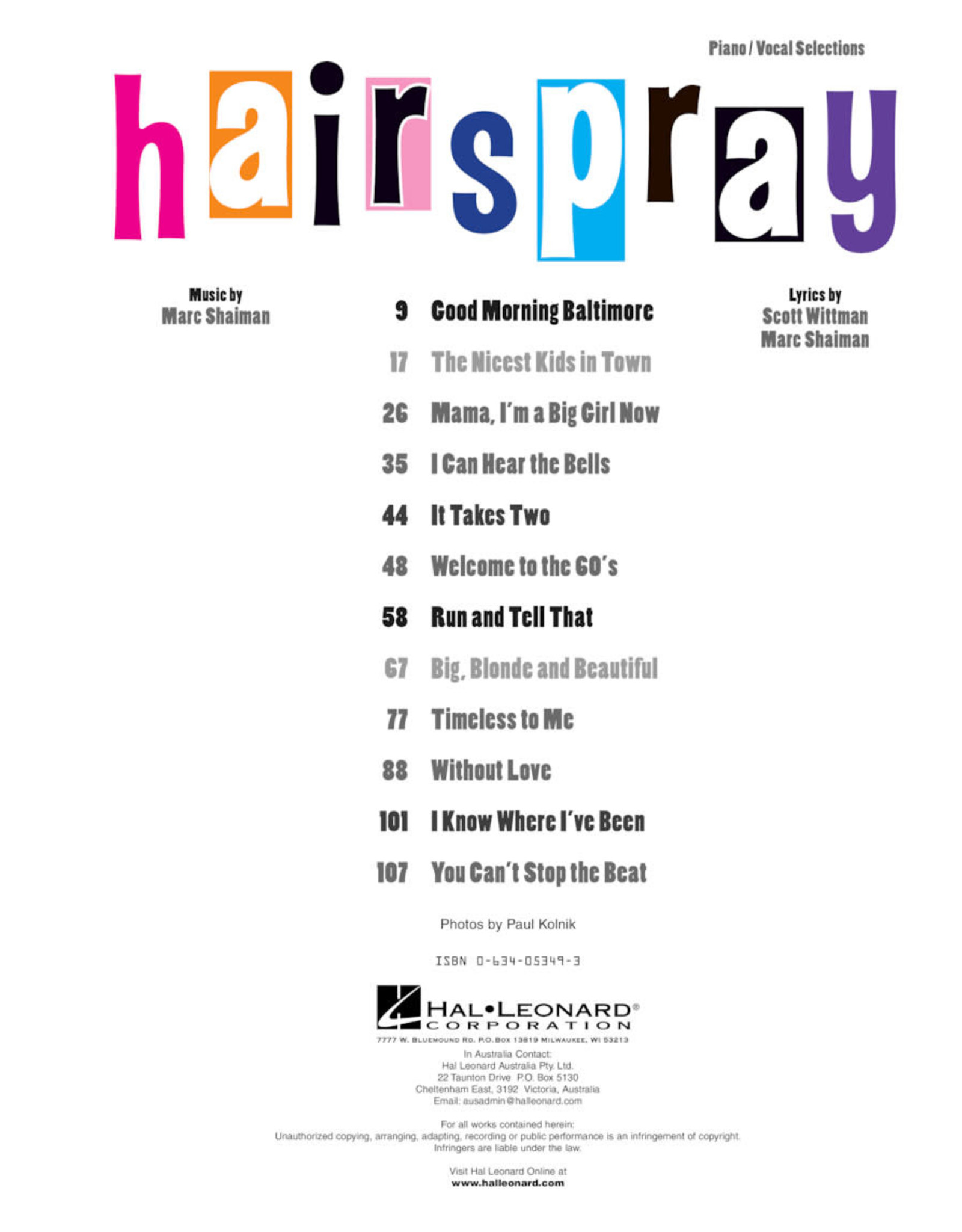 Hairspray Vocal Selections From The Broadway Musical Bountiful Music