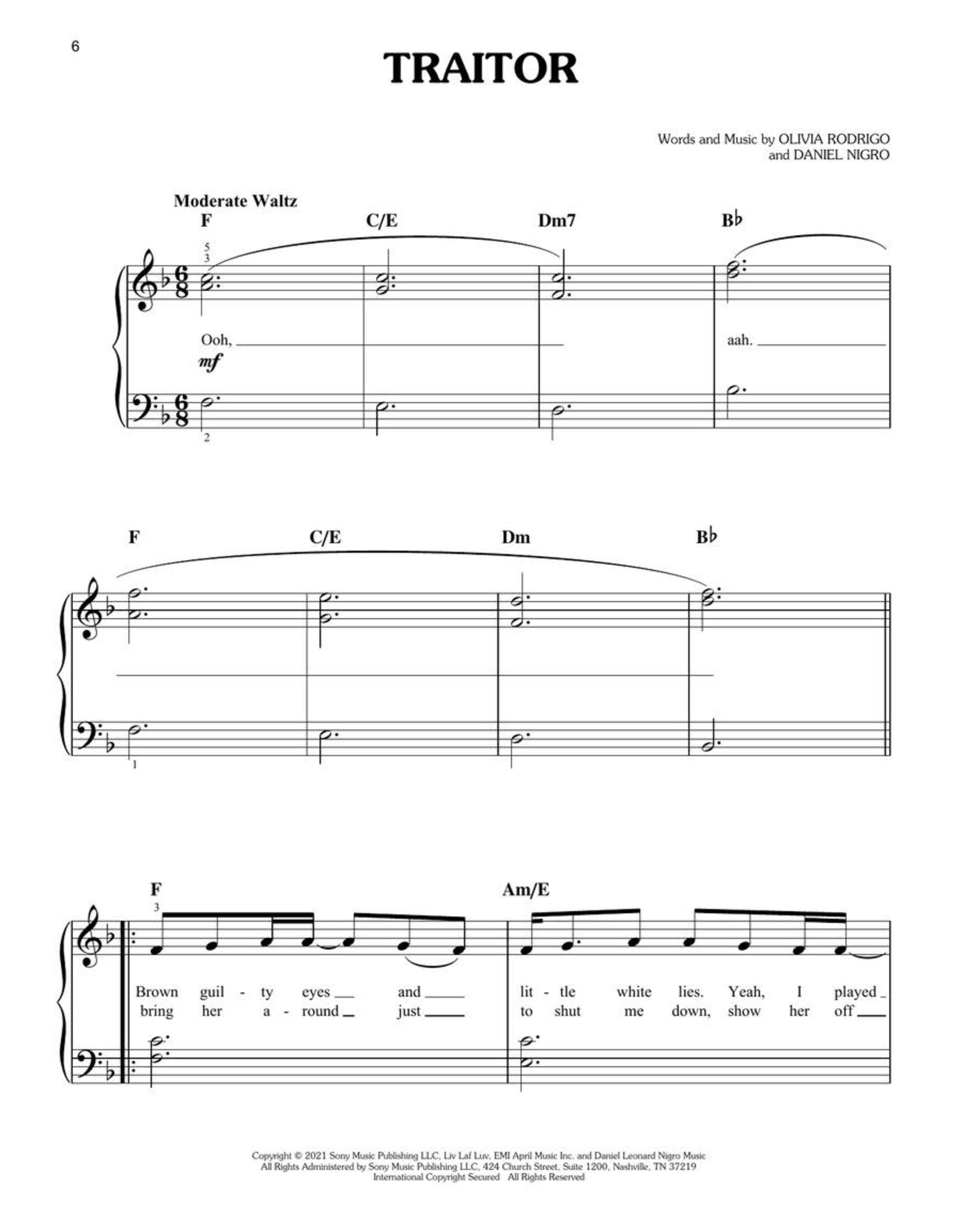 Hal Leonard Sour by Olivia Rodrigo - Easy Piano