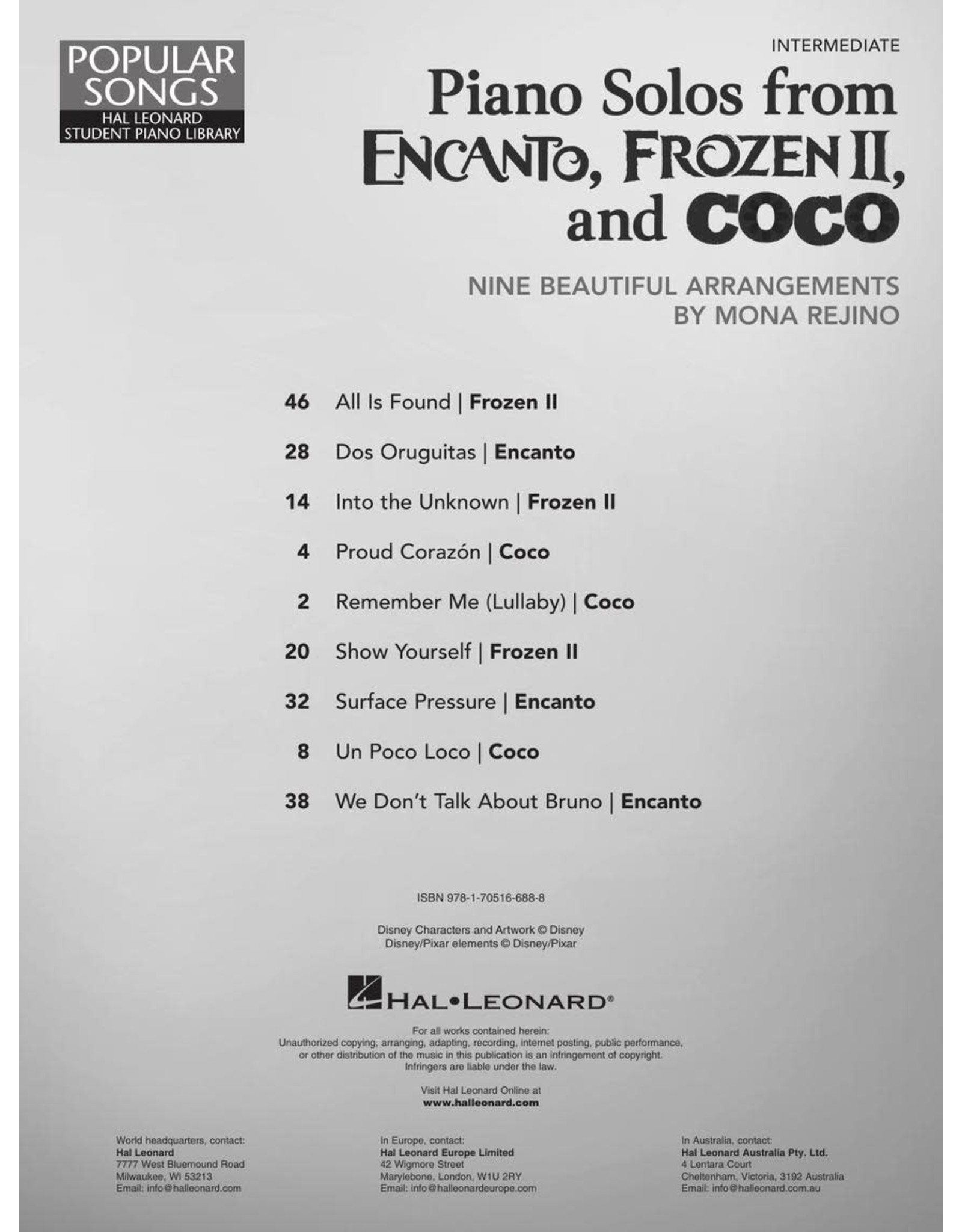Hal Leonard Piano Solos from Encanto, Frozen II, and Coco - Intermediate Arrangements by Mona Rejino
