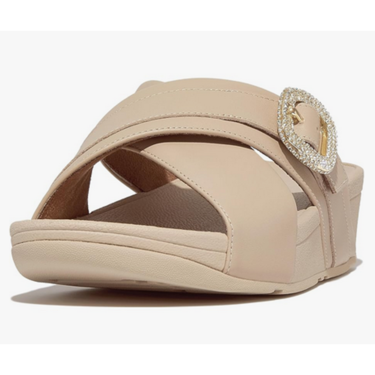 FitFlop Lulu Crystal-Buckle Leather Cross Slides