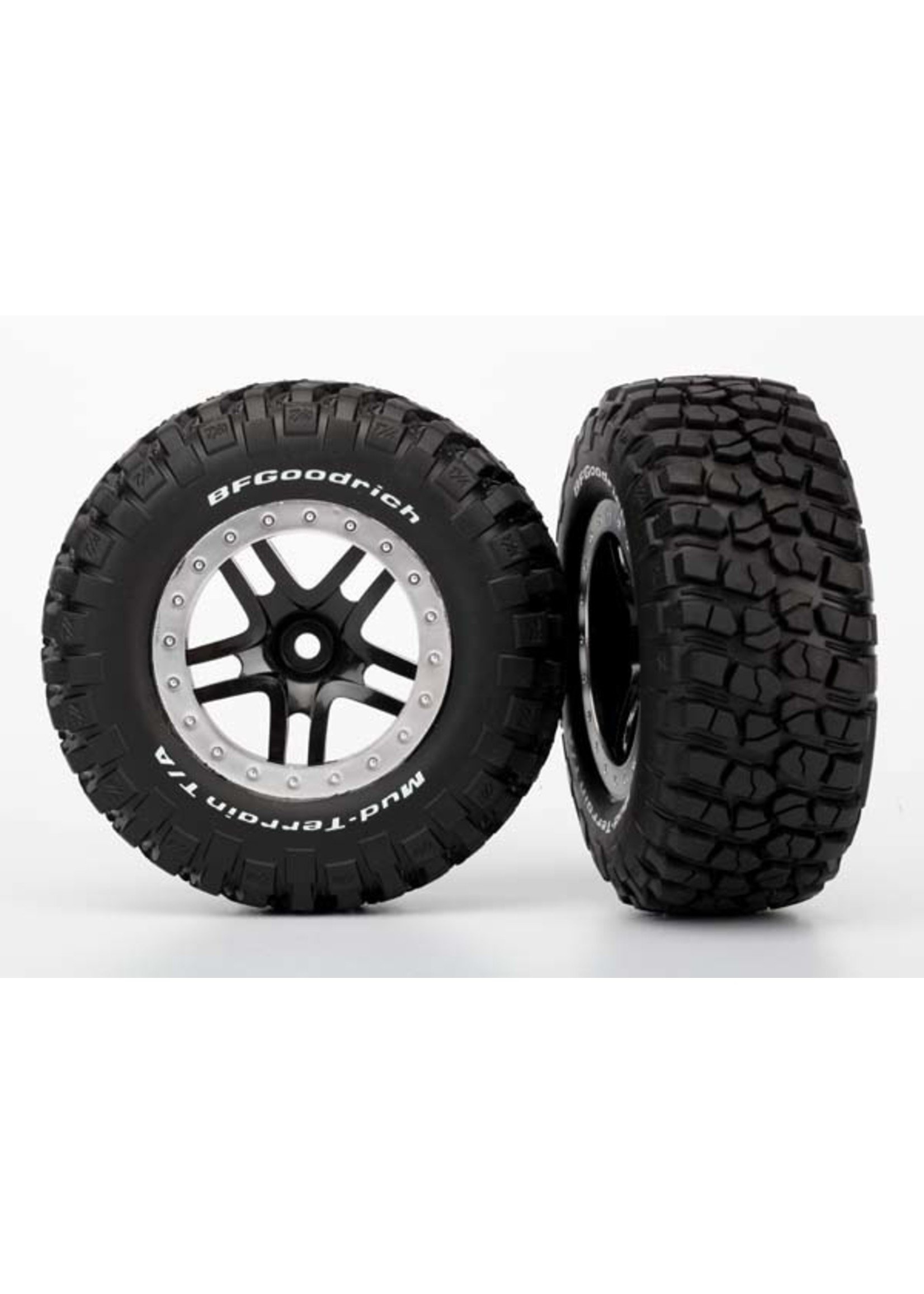 Traxxas TRA5883 Traxxas Tires & wheels, assembled, glued (SCT Split-Spoke, black, satin chrome beadlock wheels, BFGoodrich Mud-Terrain™  T/A KM2 tire, foam inserts) (2) (4WD f/r, 2WD rear)