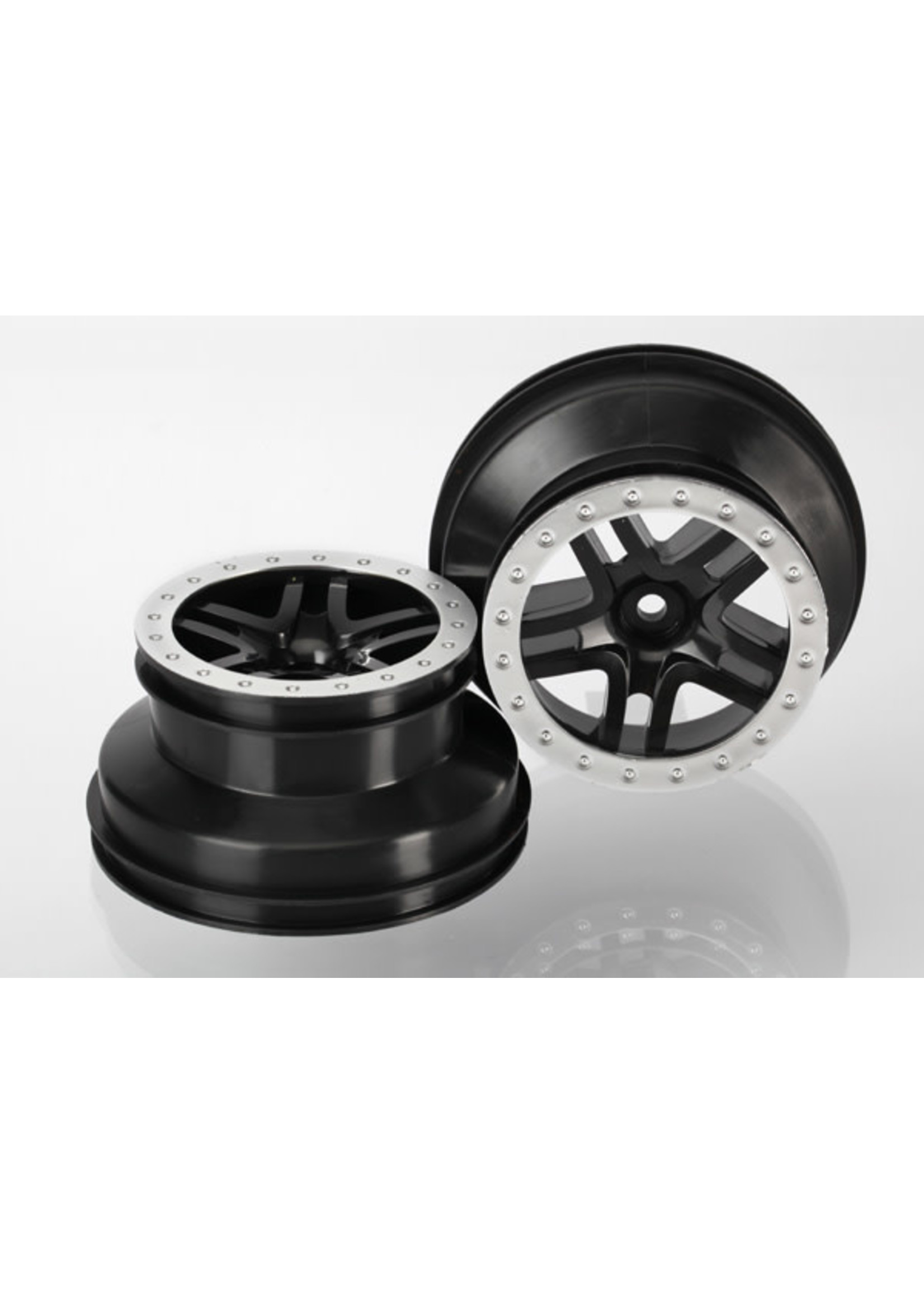 Traxxas TRA5884 Traxxas Wheels, SCT Split-Spoke, black, satin chrome beadlock style, dual profile (2.2' outer, 3.0' inner) (4WD f/r, 2WD rear) (2)