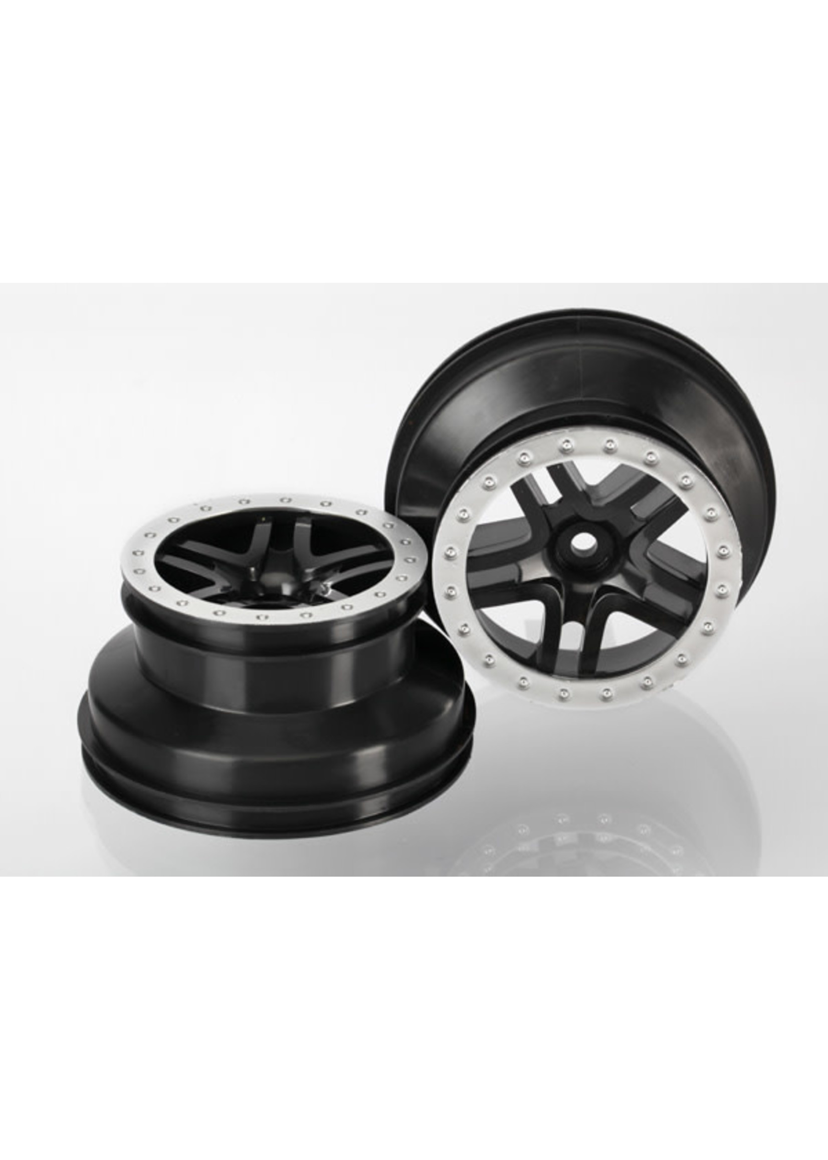 Traxxas TRA5886 Traxxas Wheels, SCT Split-Spoke, black, satin chrome beadlock style, dual profile (2.2' outer, 3.0' inner) (2WD front) (2)