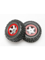 Traxxas TRA7073A Traxxas Tires and wheels, assembled, glued (SCT satin chrome wheels, red beadlock style, SCT off-road racing tires, foam inserts) (1 each, right & left)