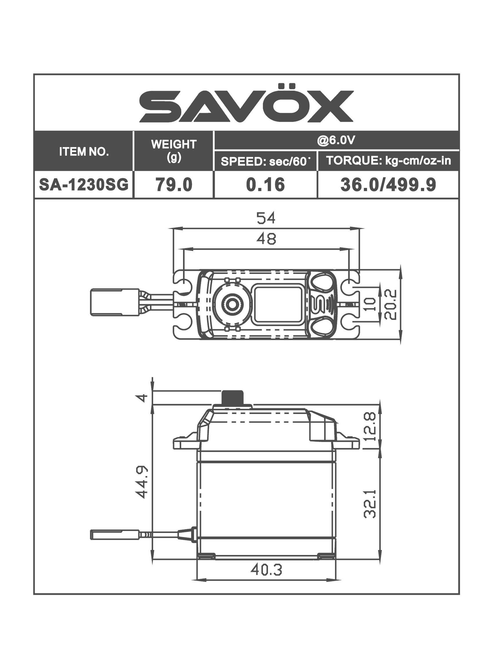 Savox SAVSA1230SG Savox Coreless Digital Servo 0.16/500 @6V