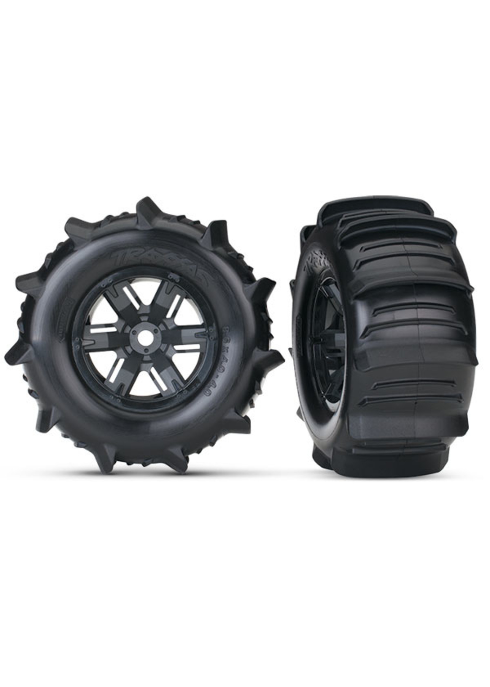 Traxxas TRA7773 Traxxas Tires & wheels, assembled, glued (X-Maxx black wheels, paddle tires, foam inserts) (left & right) (2)