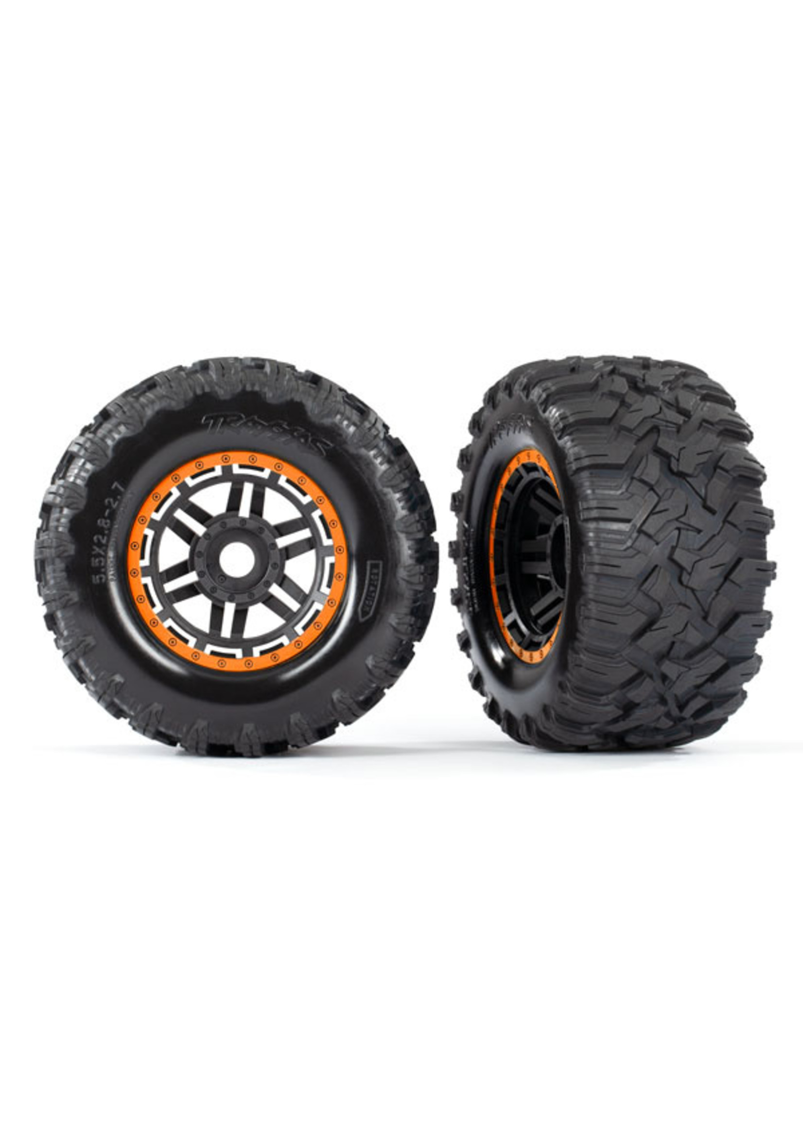 Traxxas TRA8972T Traxxas Tires & wheels, assembled, glued (black, orange beadlock style wheels, Maxx MT tires, foam inserts) (2) (17mm splined) (TSM rated)