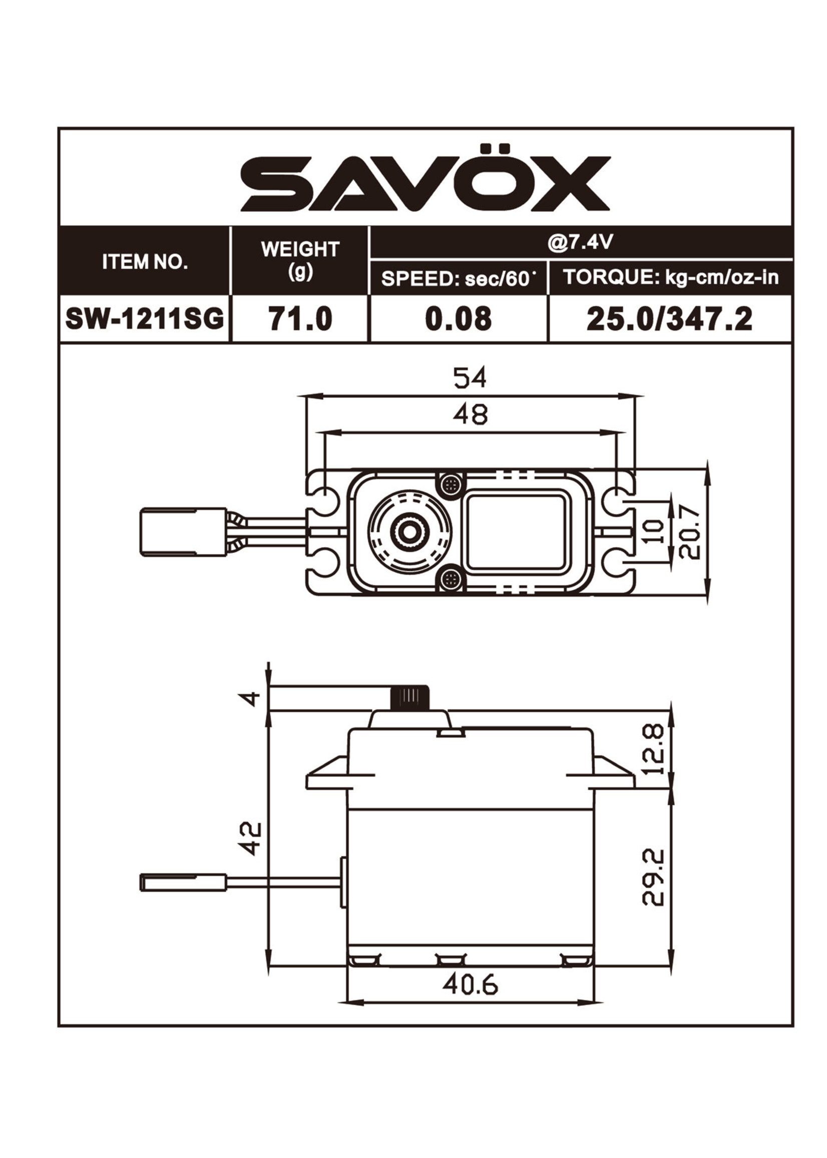 Savox SAVSW1211SG-BE SavoxWaterproof High Voltage Digital Servo 0.08sec / 347.2oz @ 7.4V - Black Edition