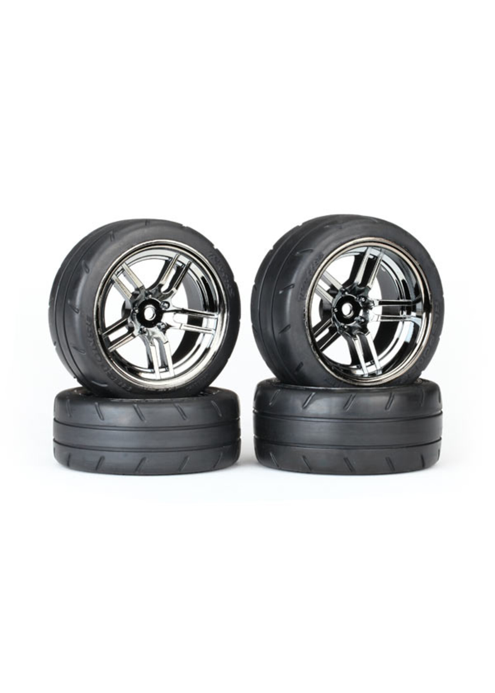 Traxxas TRA8375 Traxxas Tires & wheels, assembled, glued (split-spoke black chrome wheels, 1.9' Response tires, foam inserts) (front (2), rear (extra wide) (2)) (VXL rated)
