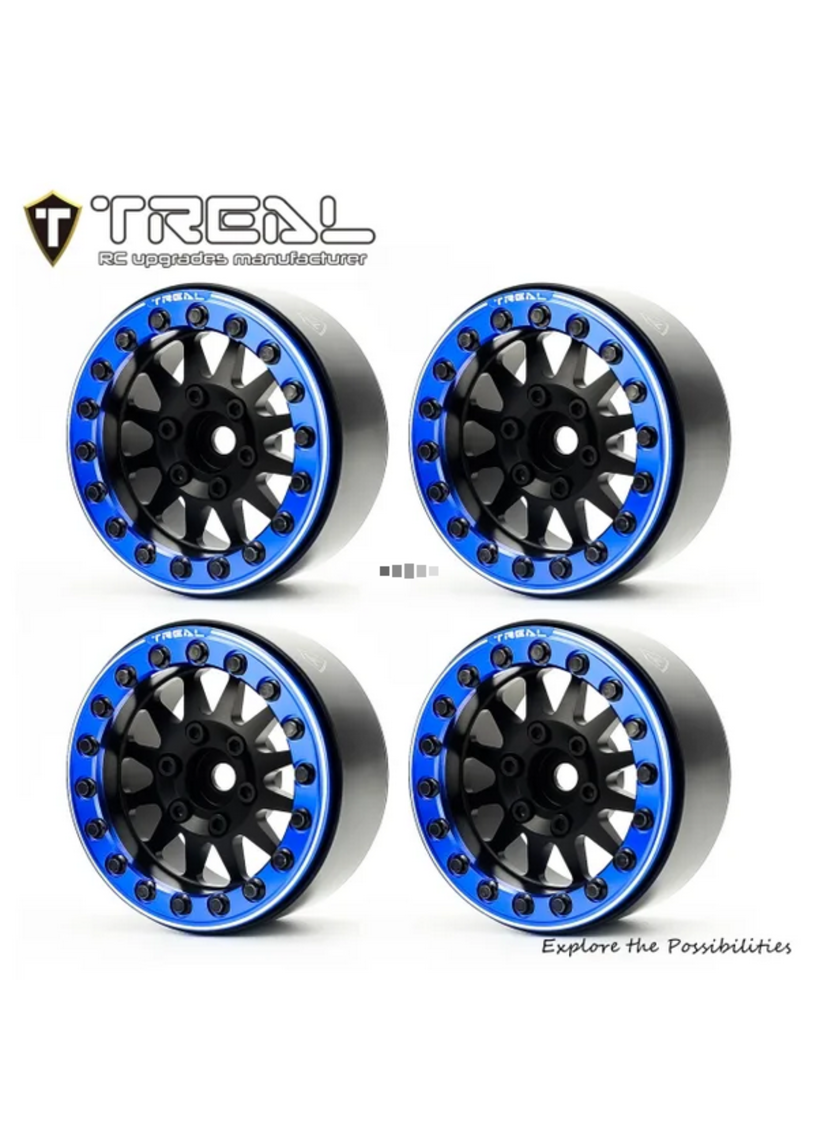 Treal Treal 1.9 Beadlock wheels (4P-Set) Alloy Crawler Wheels for 1:10 RC Scale Truck -Type D Silver/Blue