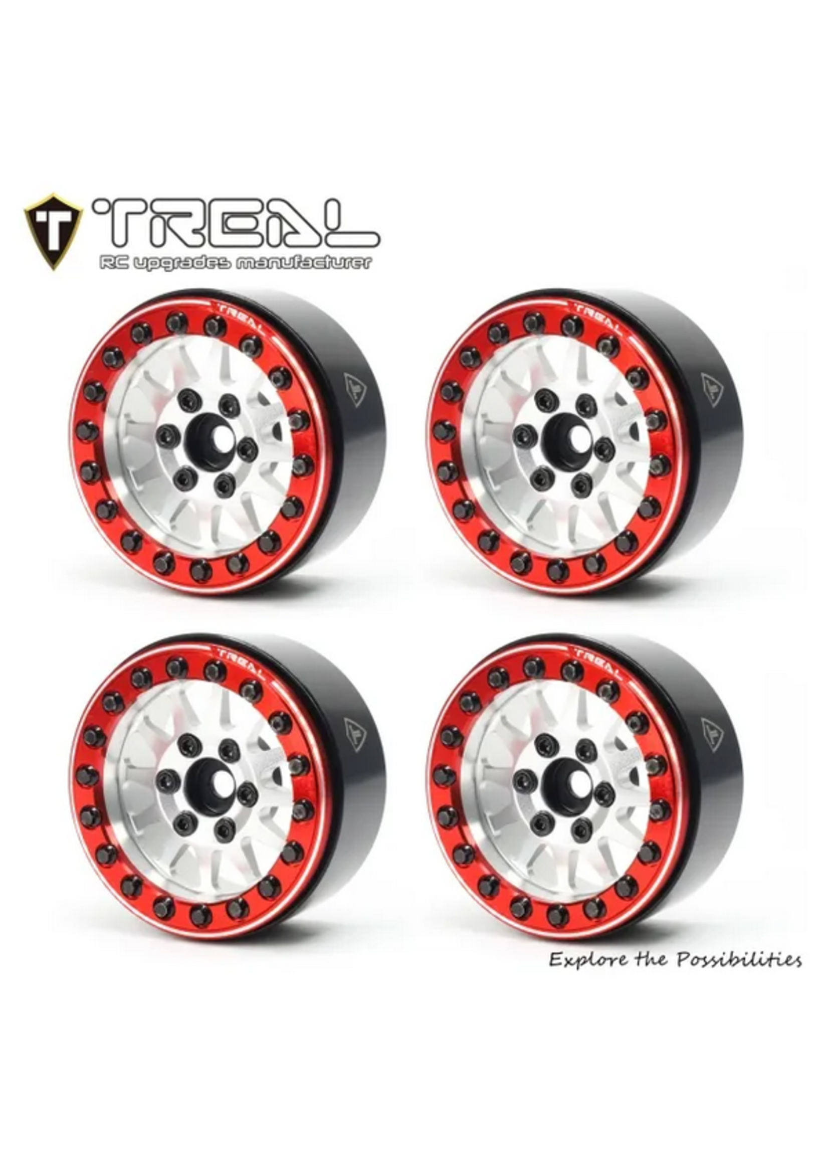 Treal Treal 1.9 Beadlock wheels (4P-Set) Alloy Crawler Wheels for 1:10 RC Scale Truck -Type D Silver/Red