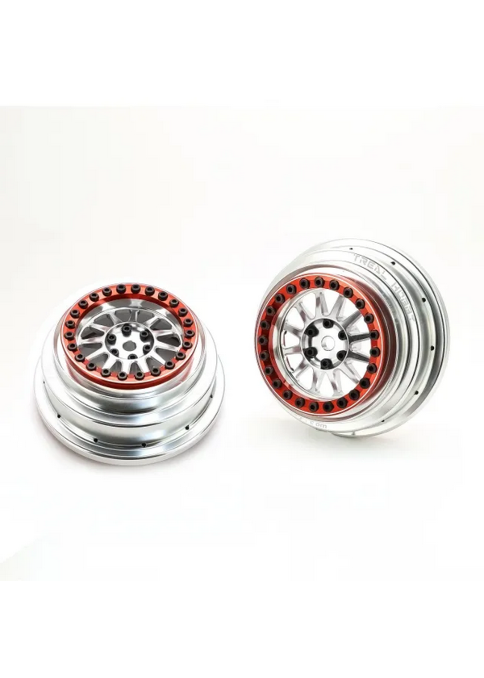 Treal Treal Aluminium Beadlock Wheels 1:7 RC Wheel Hubs Rims for UDR Compatible with Stock Factory Tires-V1 Silver/Red