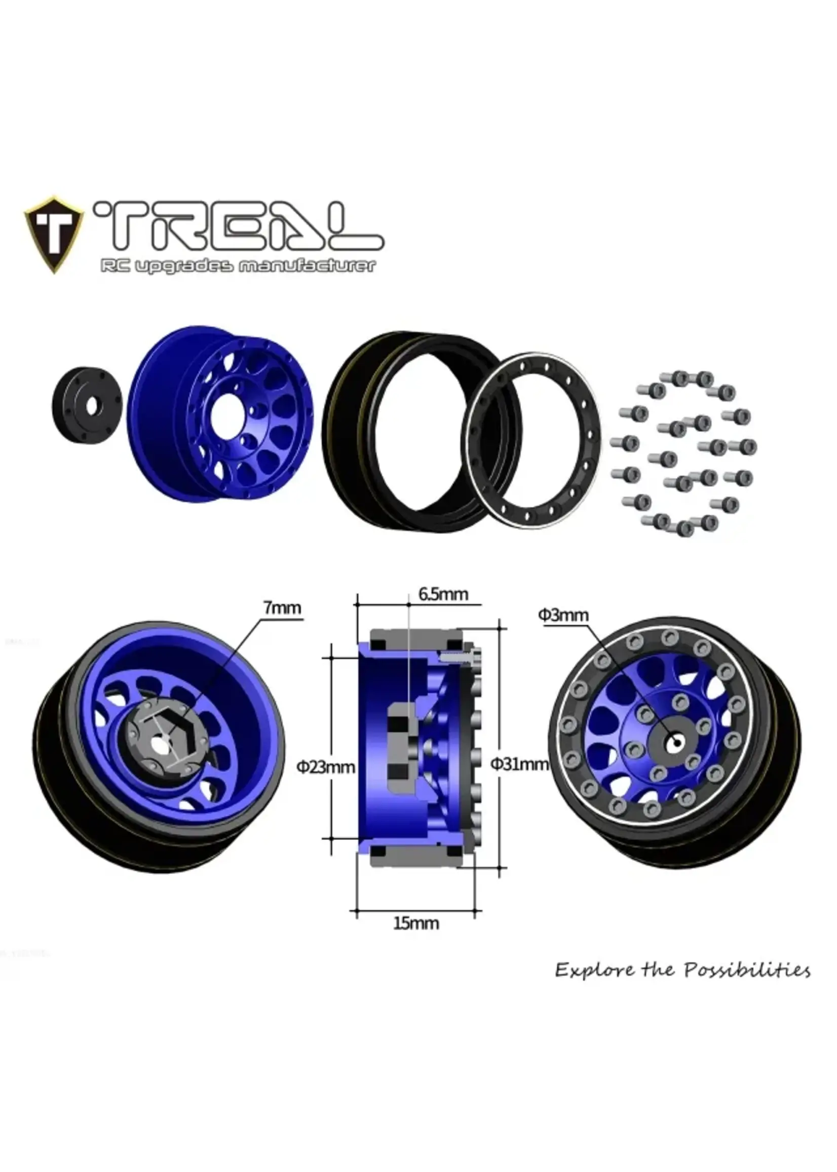 Treal Treal 1.0 Beadlock Wheels 12 Spokes Classic Rims (4P) for SCX24 AX24 FCX24 TRX4M 1/24 1/18 Crawler Car-Type I Blue