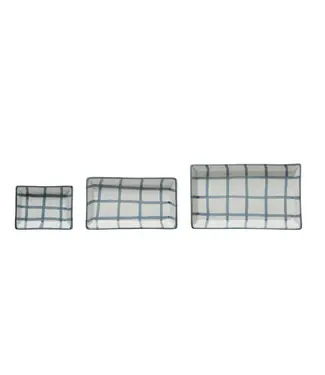 Creative Co-op Hand-Painted Trays with Grid Pattern, Set of 3
