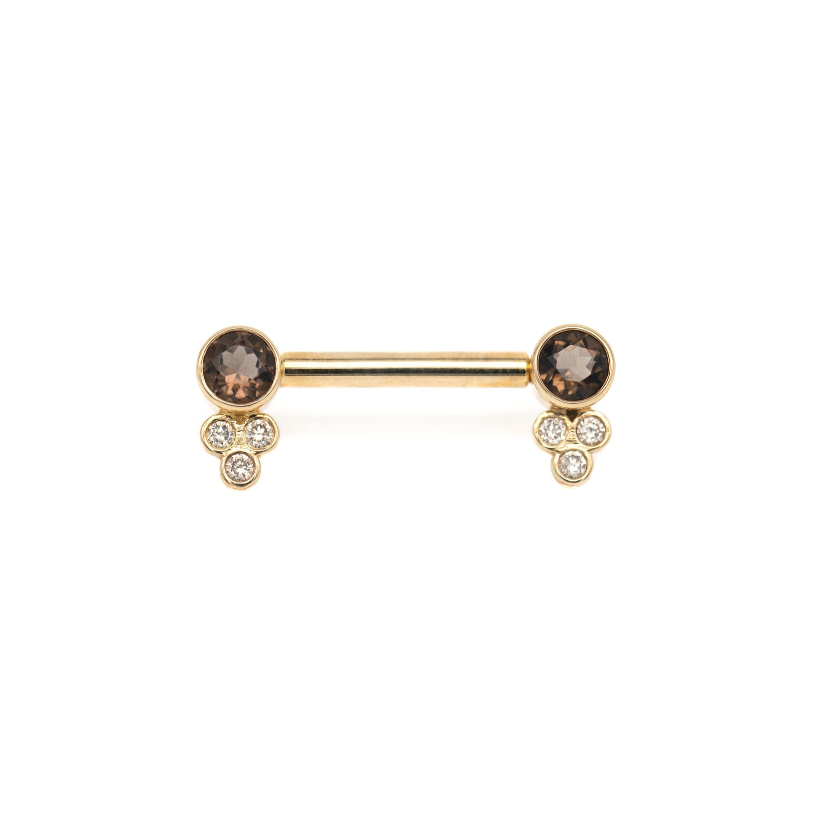 BVLA YG 12g 1/2" Bezel with Tri Accent Barbell with 4mm Smoky Quartz 1.5mm Champagne Diamonds