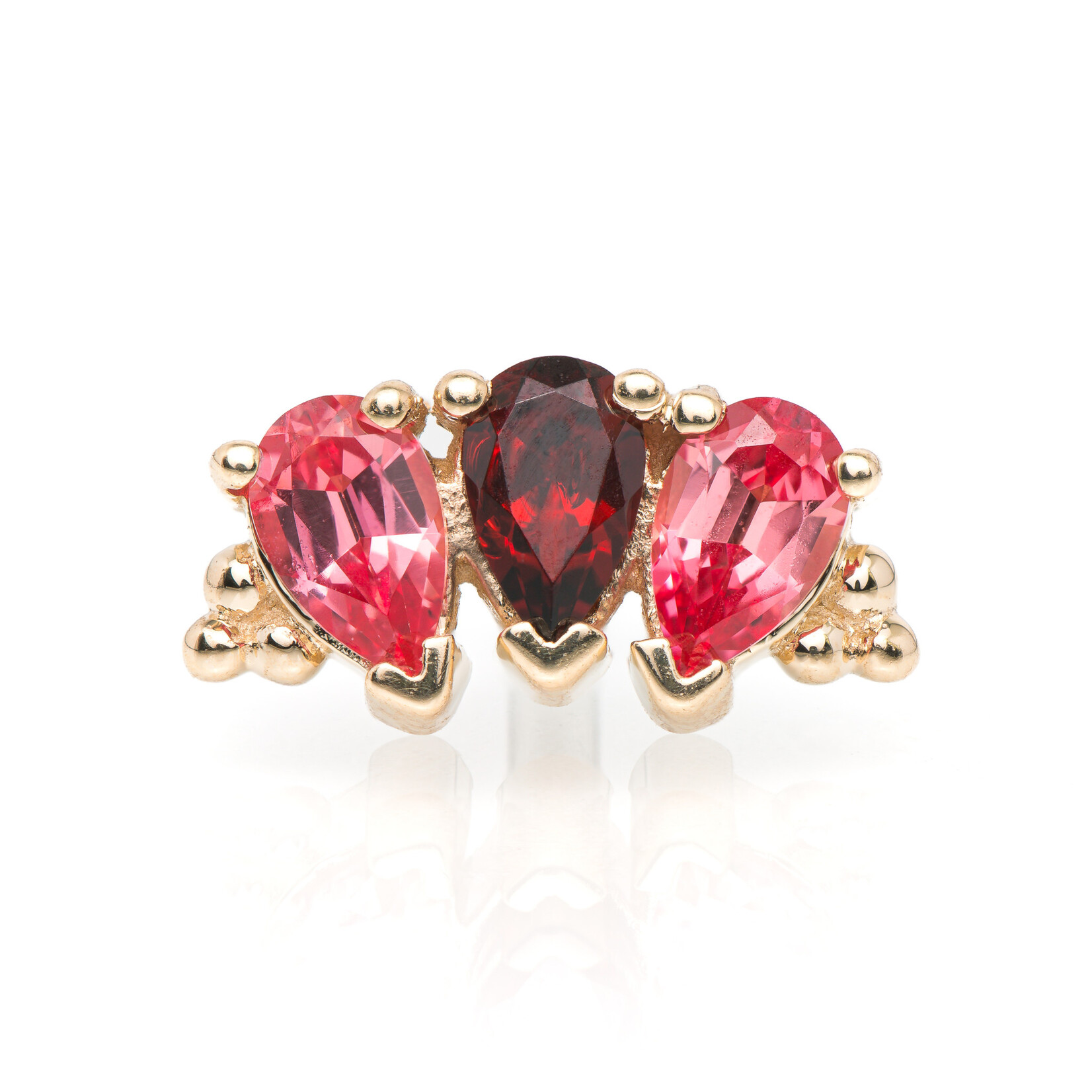 BVLA YG 16g Threaded 3 Gem Pear Panaraya with Padparadscha Sapphire Pear and Garnet Pear