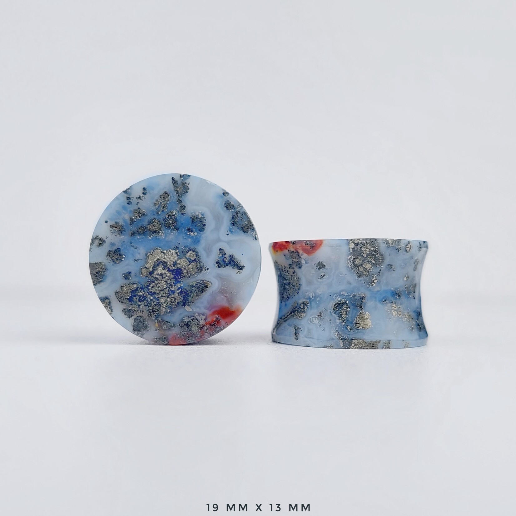 Grit Lapidary Double Flare Plugs Marcasite in Agate (Pair)