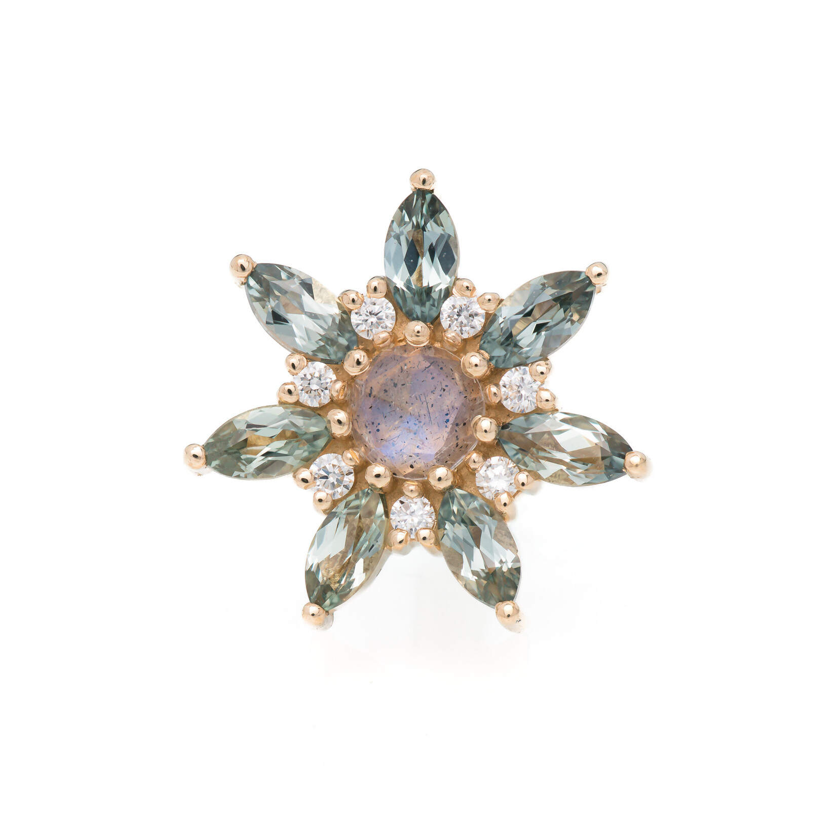 BVLA YG 14G Threaded Virgil with Grey Sapphire Marquise, White Diamond, and Rose Cut Labradorite