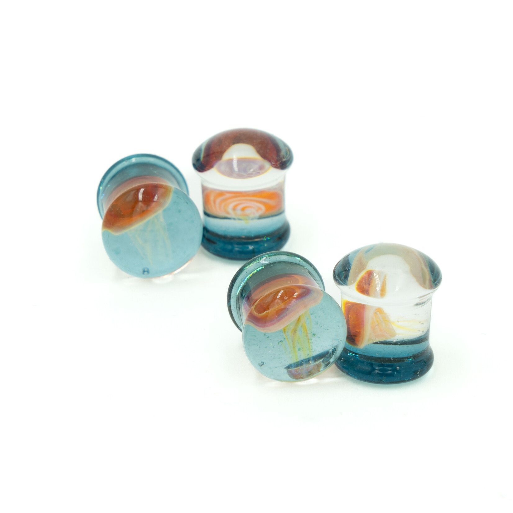 Gorilla Glass Double Flare (DF) Glass Plugs - Amber/Purple Jellyfish (Pair)