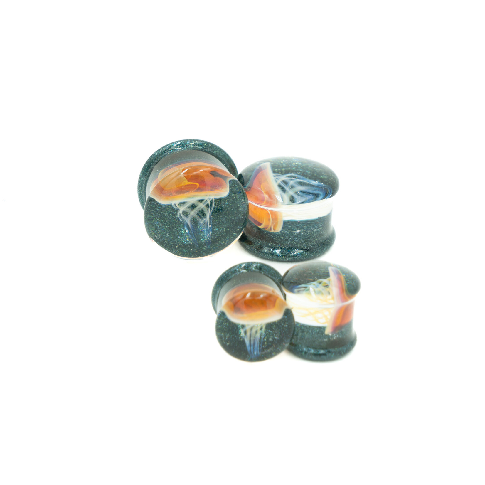 Gorilla Glass Double Flare (DF) Glass Plugs - Amber/Purple Jellyfish (Pair)