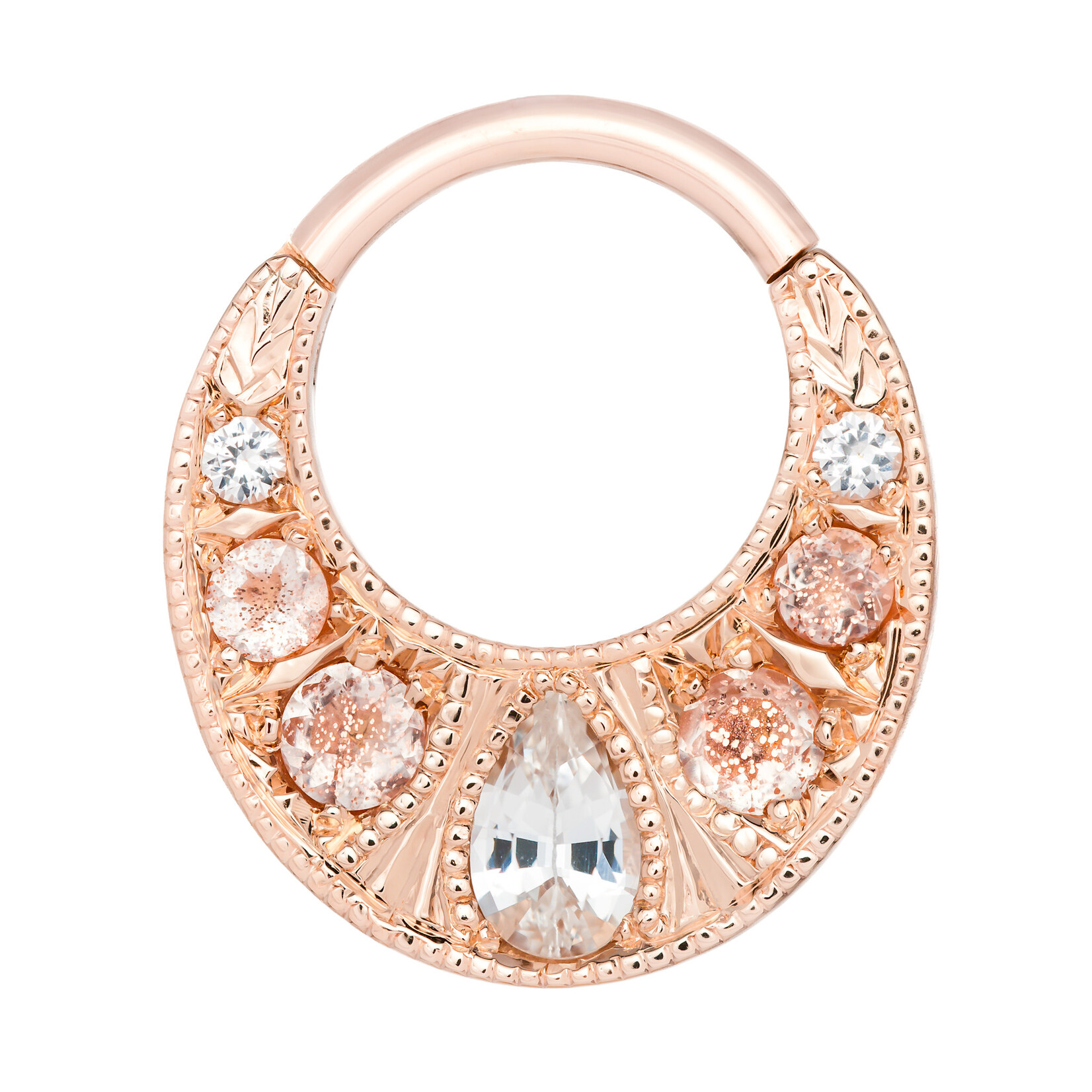 BVLA RG 16GA 5/16in Boston Tiger - Hinge Ring - 1.5mm White SAPPHIRE AA DC (2), 2mm OREGON SUNSTONE Faceted (2), 2.5mm OREGON SUNSTONE Faceted (2), 5x3mm WHITE SAPPHIRE AA Pear (1)