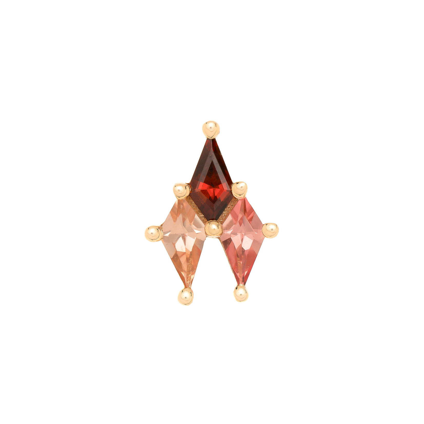 BVLA YG 16GA Threaded Houndstooth - 7.5x4mm - (3) 4x2mm Kite Prongs 4x2mm Chatham Lab Created Champagne SAPPHIRE Kite (1), 4x2mm GARNET Kite (1), 4x2mm Chatham Lab Created Padparadscha SAPPHIRE Kite (1)