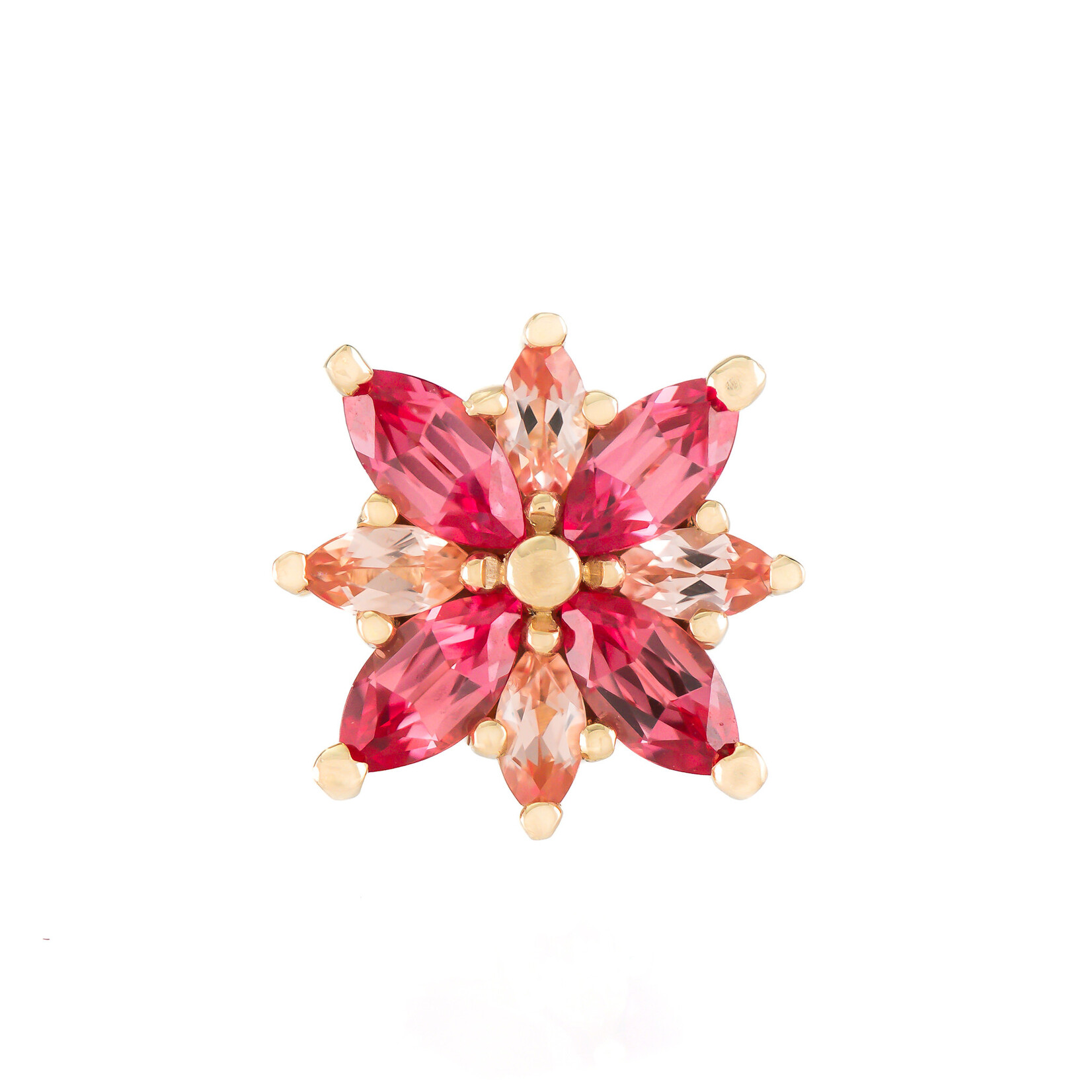 BVLA YG 16G Threaded End with Polaris - 10mm - Alternating 4x2mm Chatham Lab Created Padparadscha SAPPHIRE Marquise (4), 3x1.5mm Chatham Champagne SAPPHIRE Marquise (4)