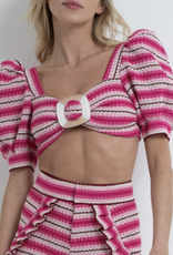 PatBo Striped Crochet Puff Sleeve Top
