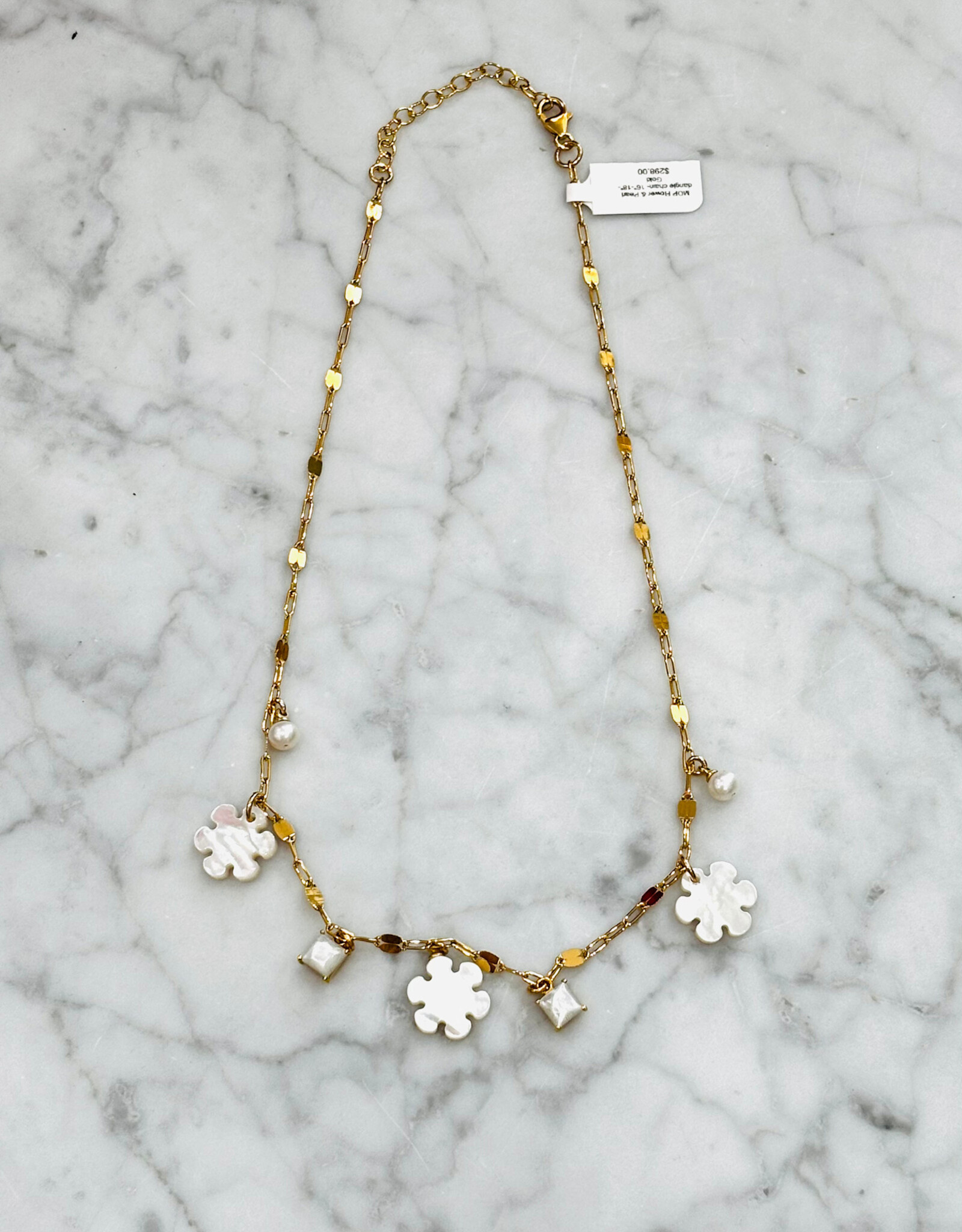 Sennod Jewelry Design N1548-MOP Flower & Pearl Dangle Chain 16" - 18"