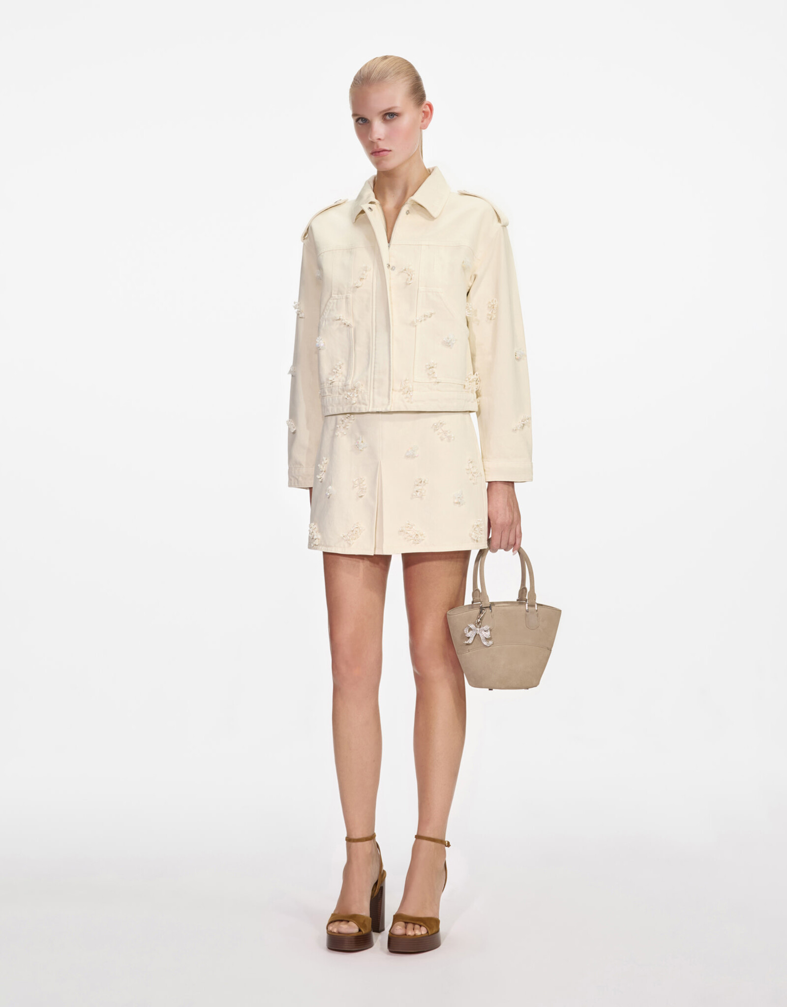 Self Portrait Cream Denim Beaded Floral Jacket