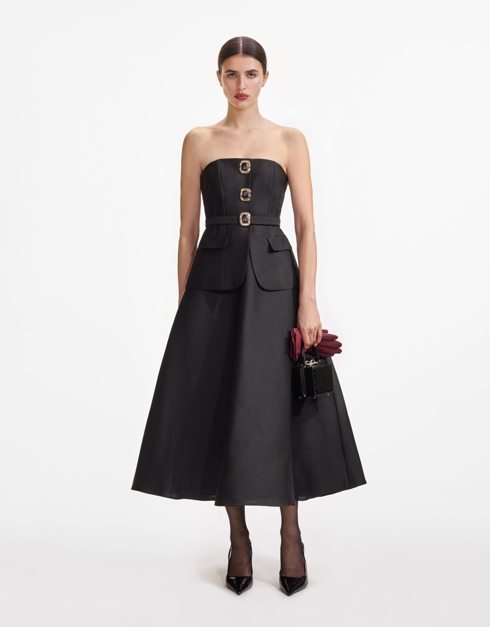 Self Portrait Black Taffeta Bandeau Midi Dress