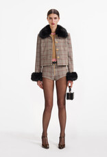 Self Portrait Brown Check Fur Cuff Jacket