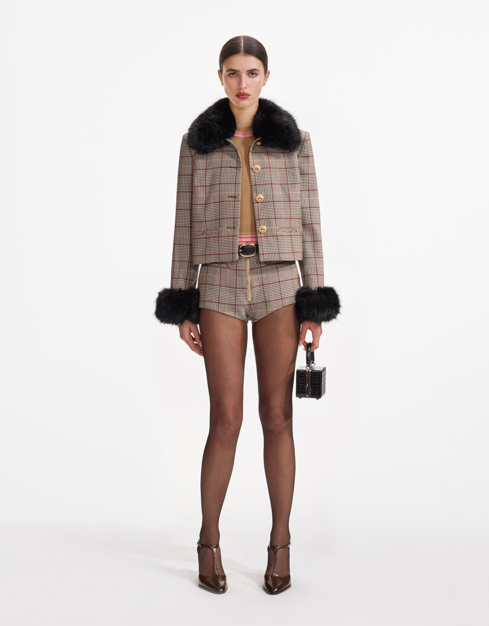 Self Portrait Brown Check Fur Cuff Jacket