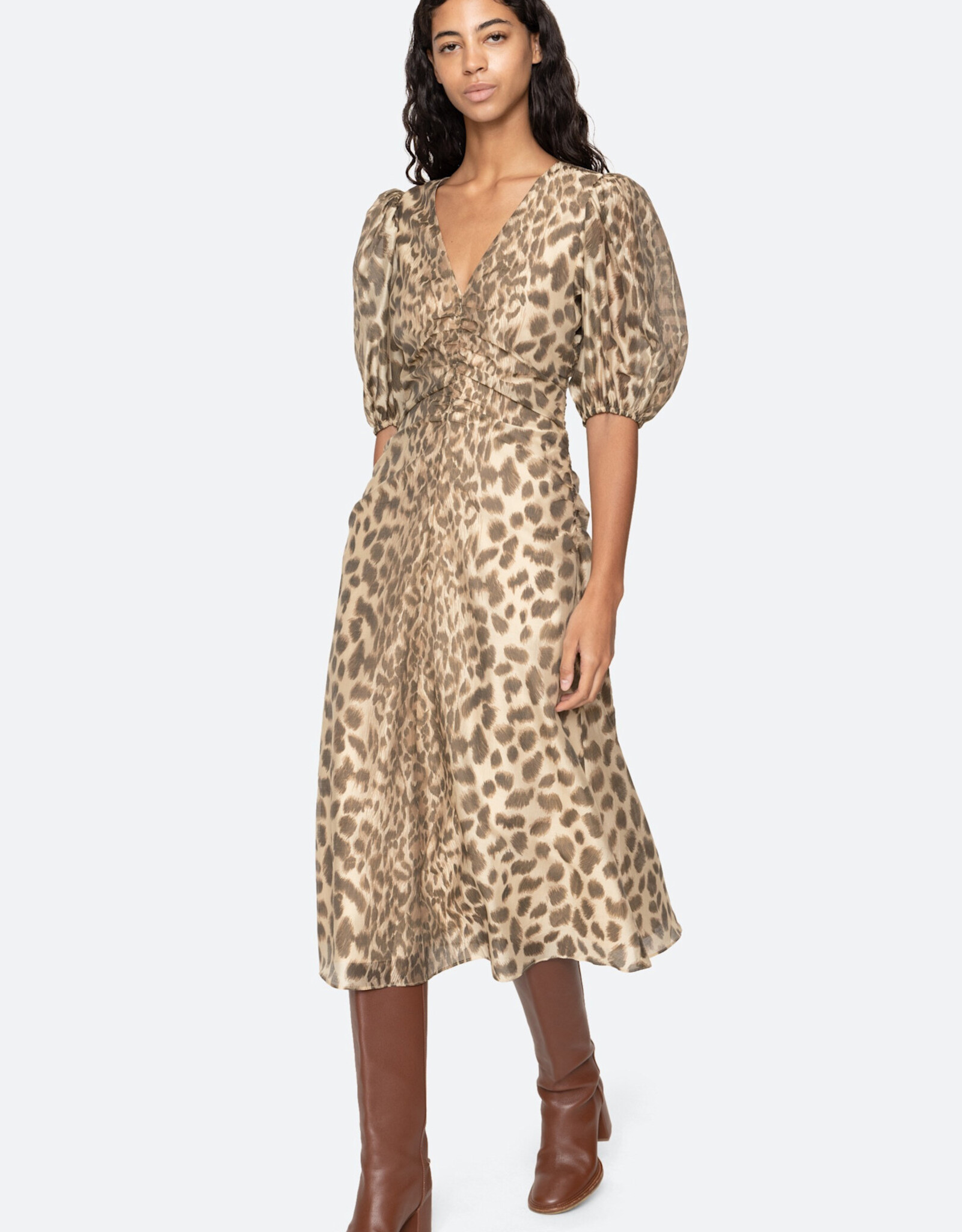Sea Claude Print Puff Sleeve Midi Dress