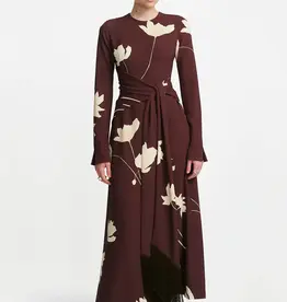 Lela Rose Floral Printed Crepe Long Sleeve Tie Waist Dress