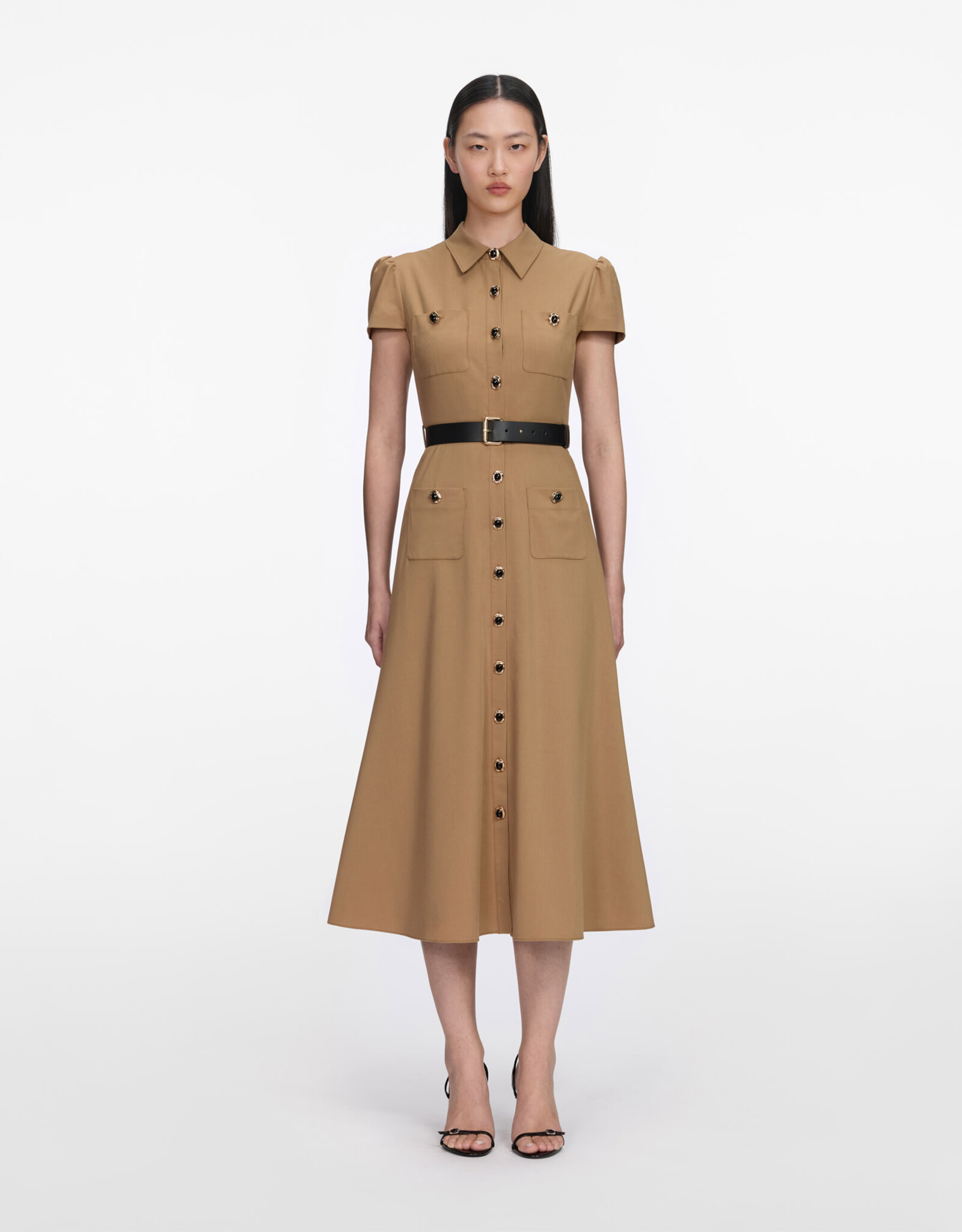Self Portrait Tan Twill Belted Midi Dress