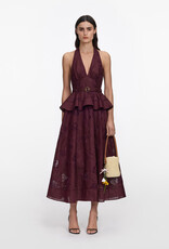 Self Portrait Plum Linen Peplum Midi Dress