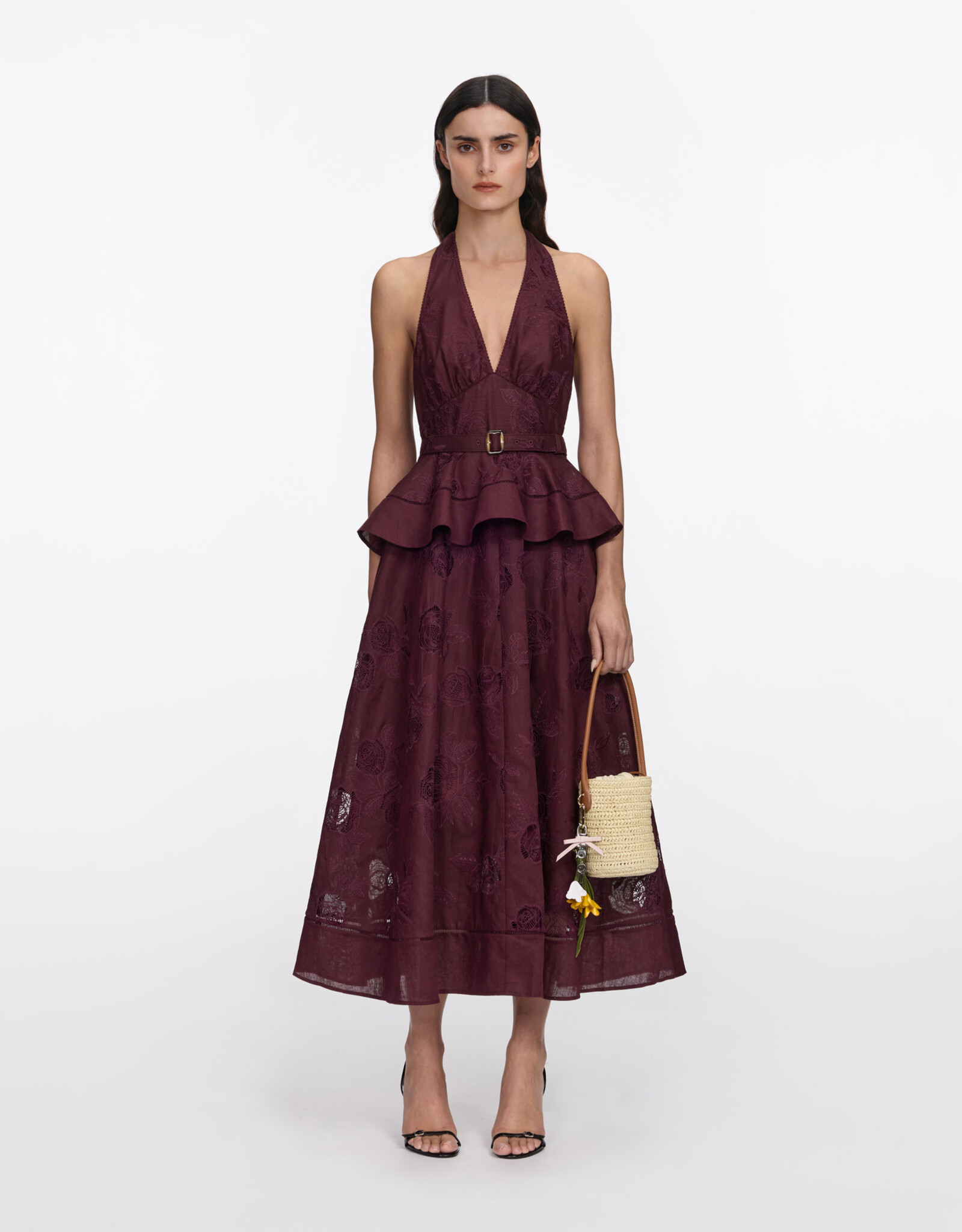 Self Portrait Plum Linen Peplum Midi Dress