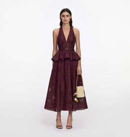 Self Portrait Plum Linen Peplum Midi Dress