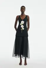 Lela Rose 3D Peony Embroidered Faille V-Neck Dress