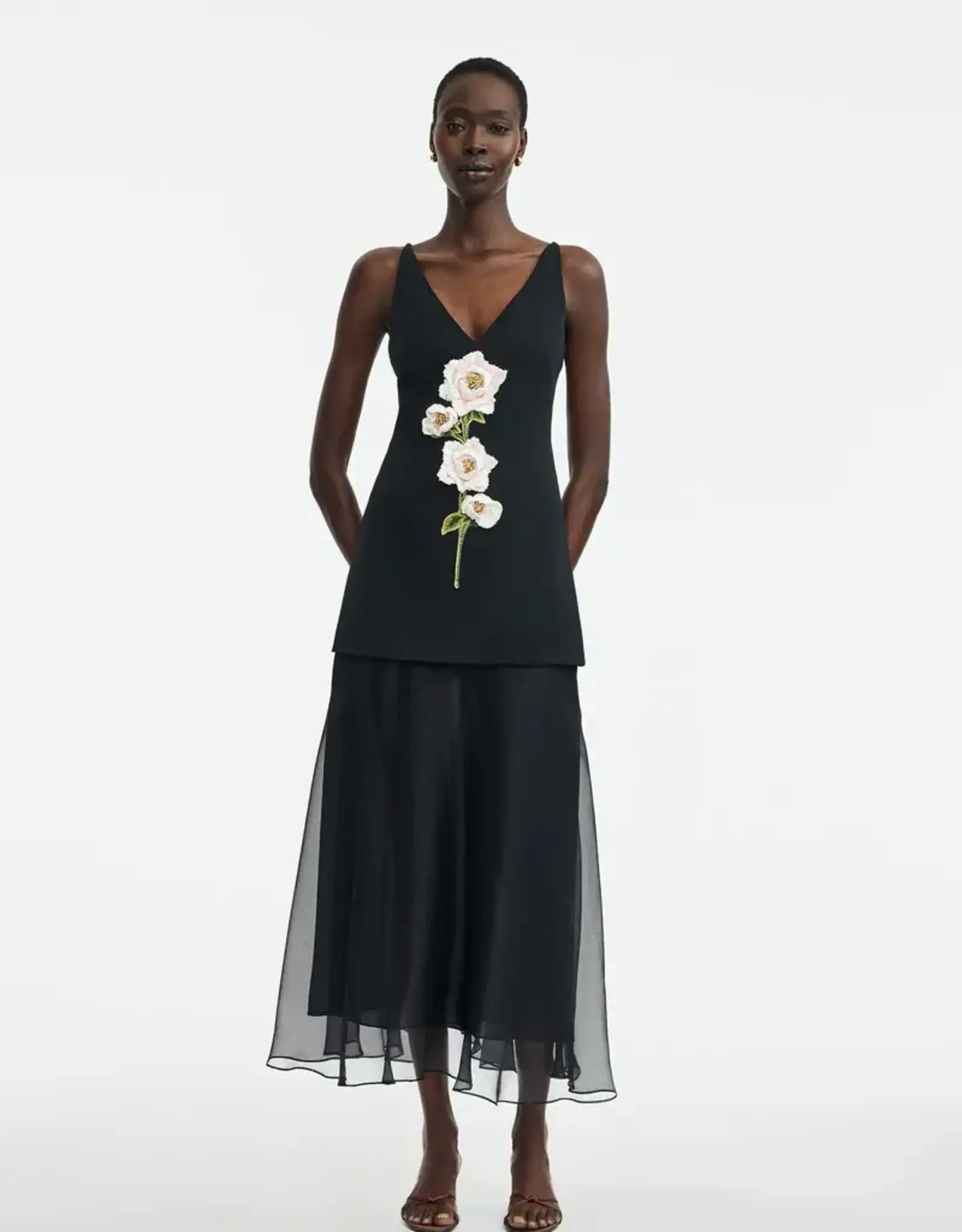 Lela Rose 3D Peony Embroidered Faille V-Neck Dress