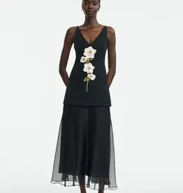 Lela Rose 3D Peony Embroidered Faille V-Neck Dress