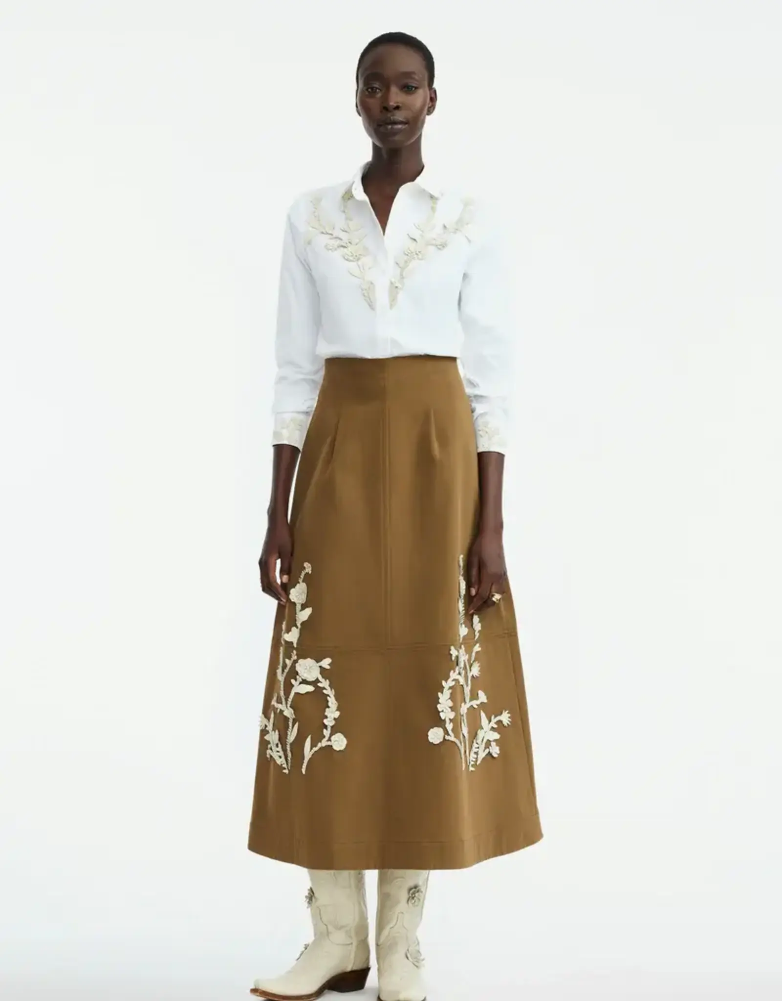 Lela Rose Leather Floral Embroidered Rustic Stretch Cotton Skirt