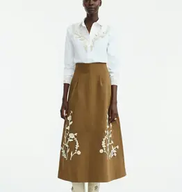 Lela Rose Leather Floral Embroidered Rustic Stretch Cotton Skirt