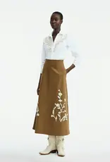 Lela Rose Leather Floral Embroidered Rustic Stretch Cotton Skirt