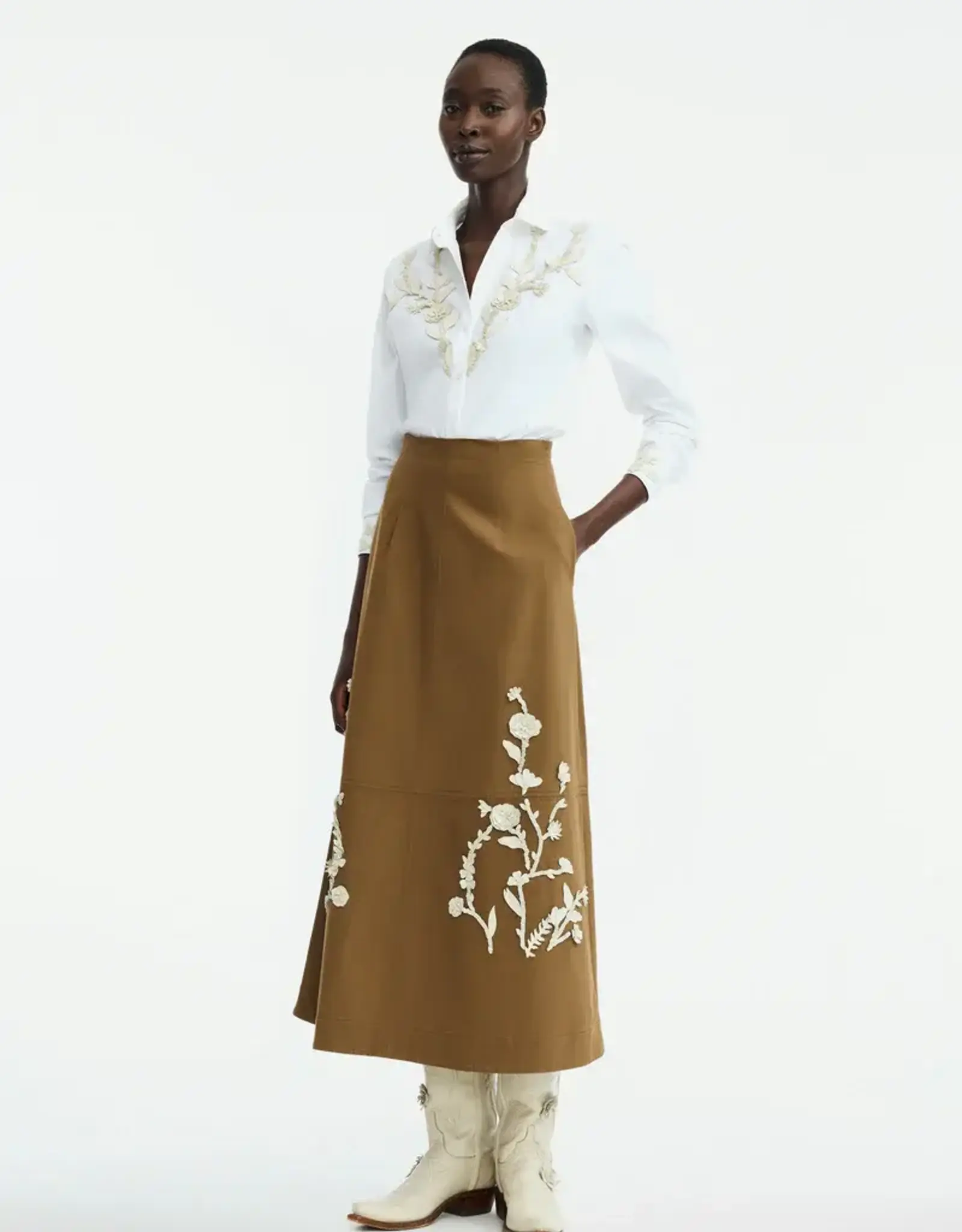 Lela Rose Leather Floral Embroidered Rustic Stretch Cotton Skirt