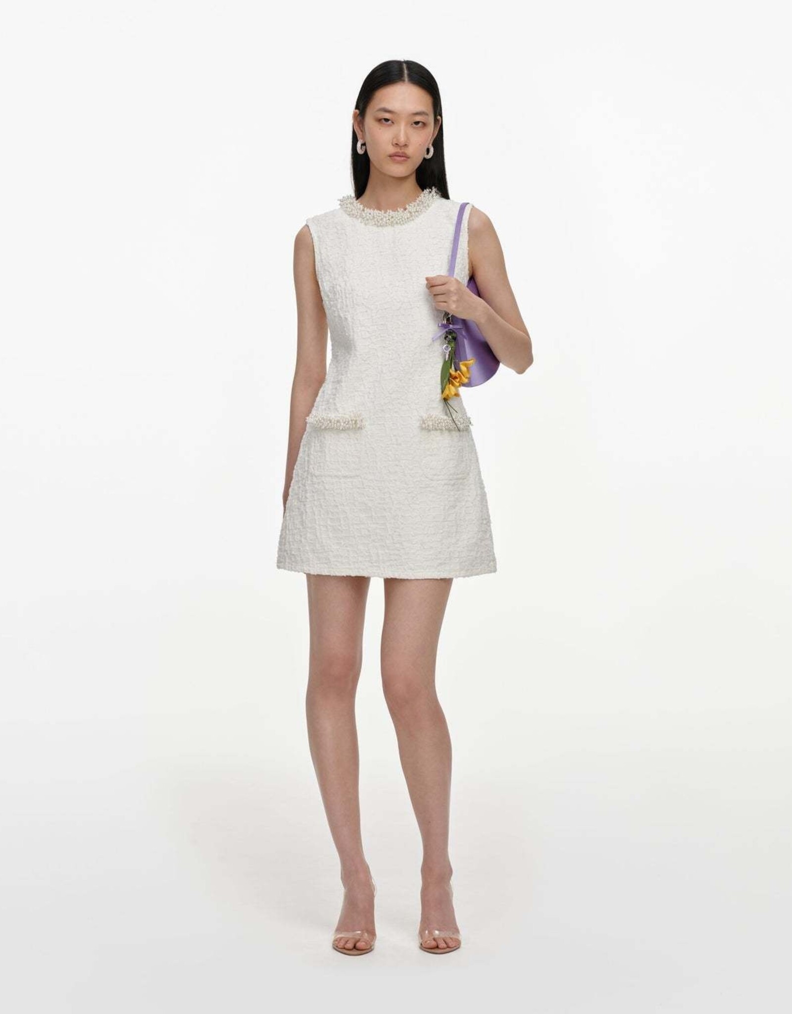 Self Portrait CREAM TEXTURED DENIM MINI DRESS