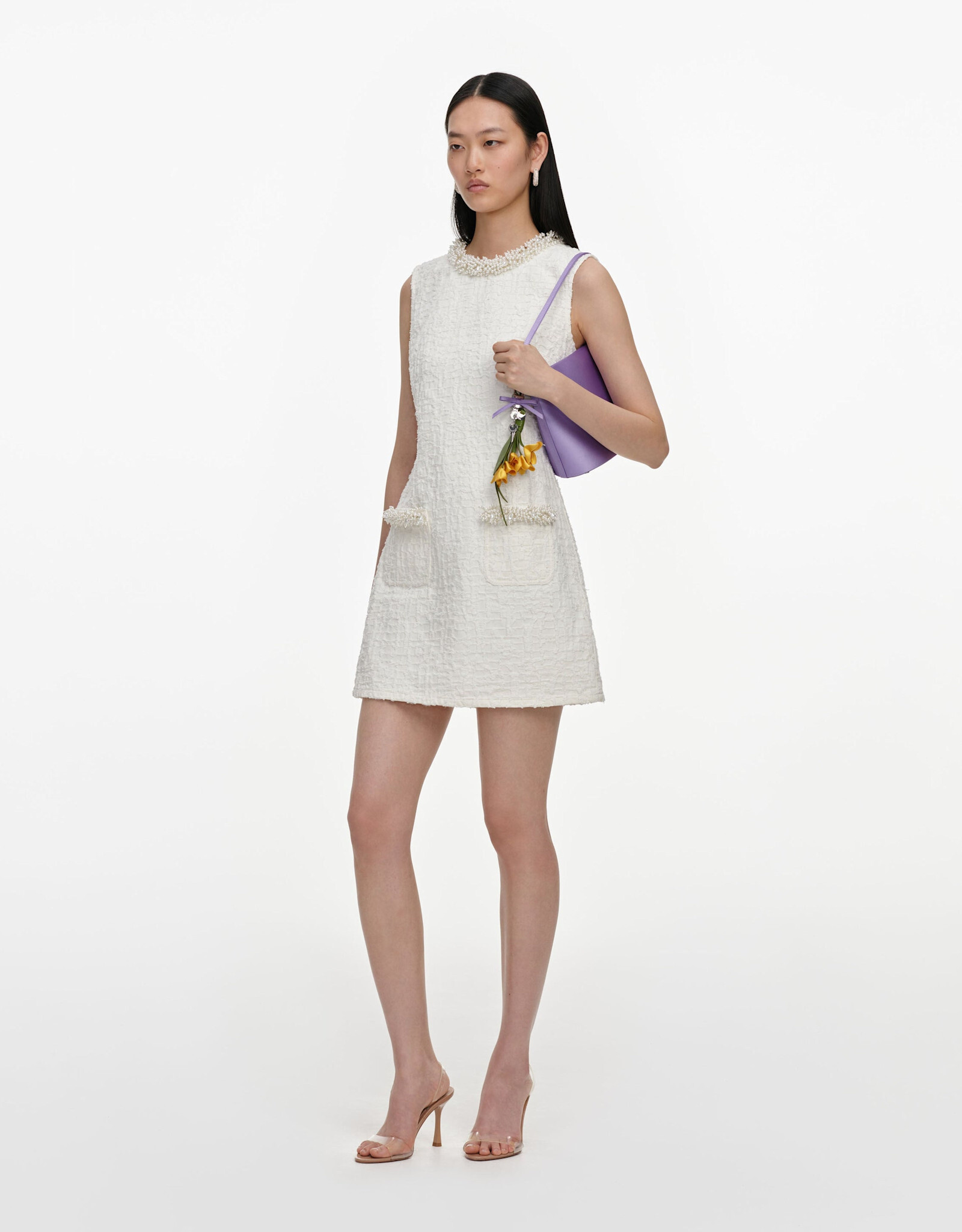 Self Portrait CREAM TEXTURED DENIM MINI DRESS